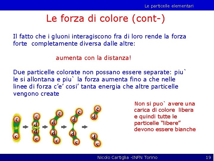 Le particelle elementari Le forza di colore (cont-) Il fatto che i gluoni interagiscono