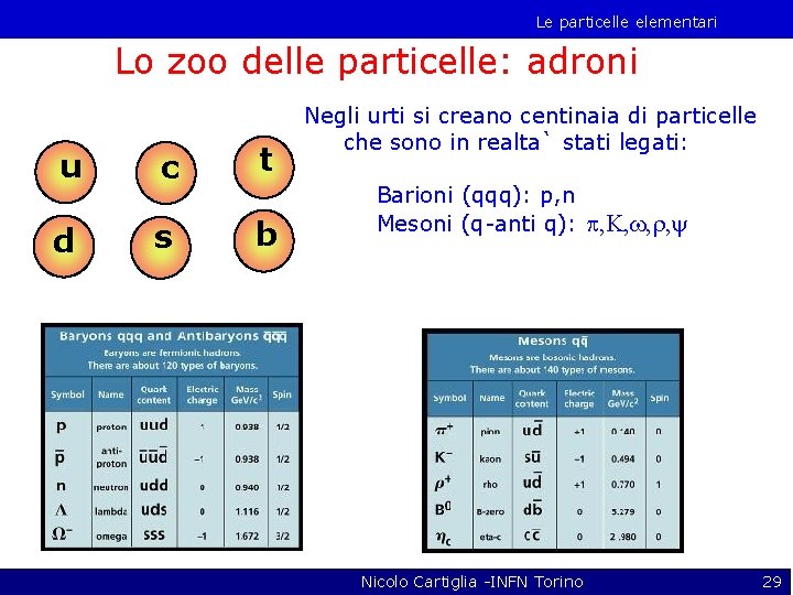 Le particelle elementari Lo zoo delle particelle: adroni u c t d s b