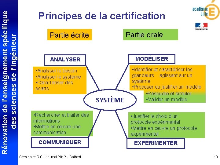 Rénovation de l’enseignement spécifique des sciences de l’ingénieur Principes de la certification Partie orale