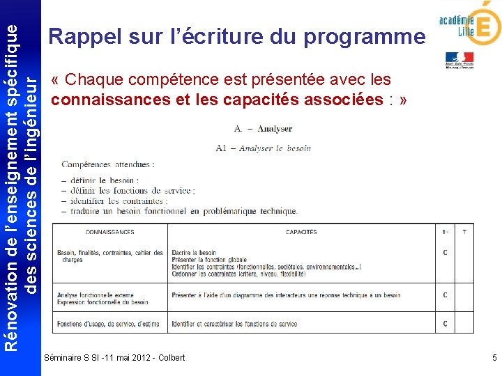 Rénovation de l’enseignement spécifique des sciences de l’ingénieur Rappel sur l’écriture du programme «