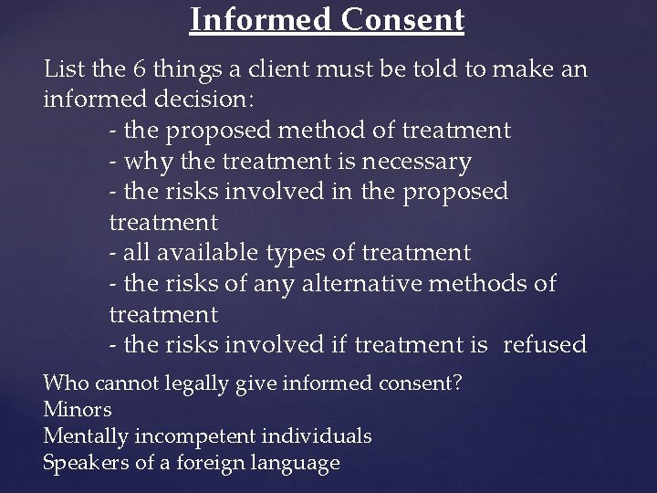 Informed Consent List the 6 things a client must be told to make an