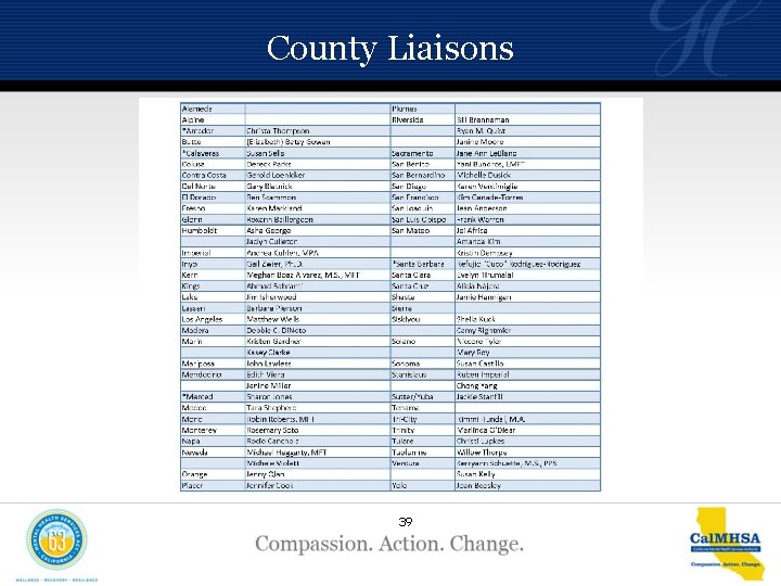 County Liaisons 39 