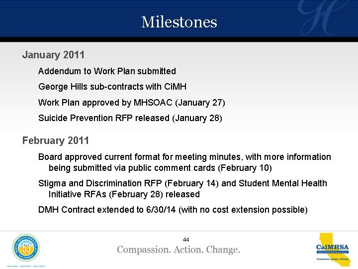 Milestones January 2011 Addendum to Work Plan submitted George Hills sub-contracts with Ci. MH