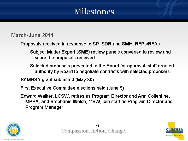 Milestones March-June 2011 Proposals received in response to SP, SDR and SMHI RFPs/RFAs Subject
