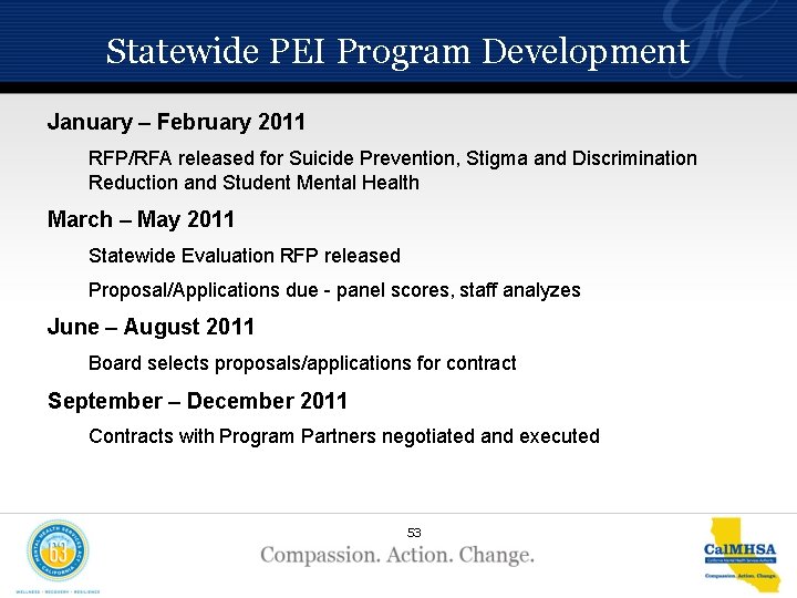 Statewide PEI Program Development January – February 2011 RFP/RFA released for Suicide Prevention, Stigma