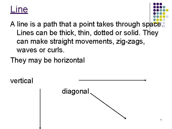 Line A line is a path that a point takes through space. Lines can