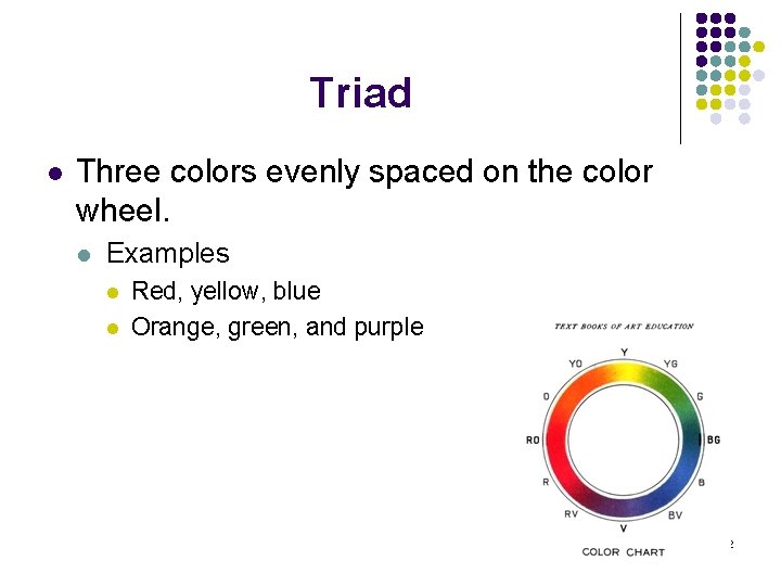 Triad l Three colors evenly spaced on the color wheel. l Examples l l