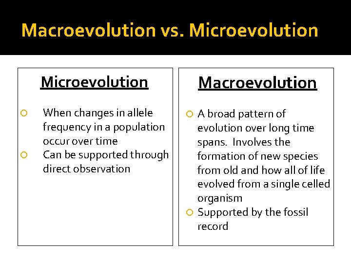 Macroevolution vs. Microevolution Macroevolution Microevolution When changes in allele frequency in a population occur