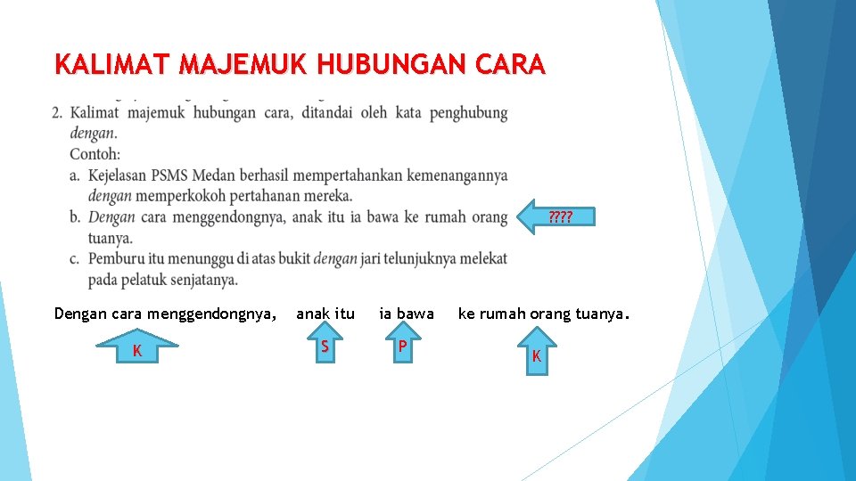 KALIMAT MAJEMUK HUBUNGAN CARA ? ? Dengan cara menggendongnya, K anak itu ia bawa