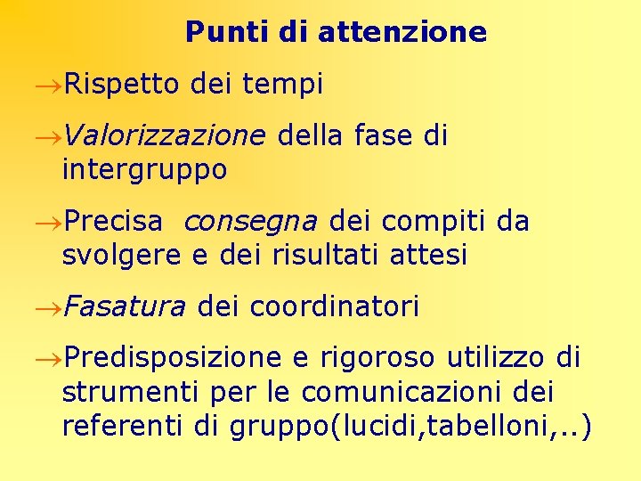 Punti di attenzione ®Rispetto dei tempi ®Valorizzazione della fase di intergruppo ®Precisa consegna dei