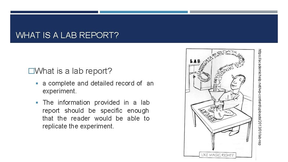 WHAT IS A LAB REPORT? a complete and detailed record of an experiment. The