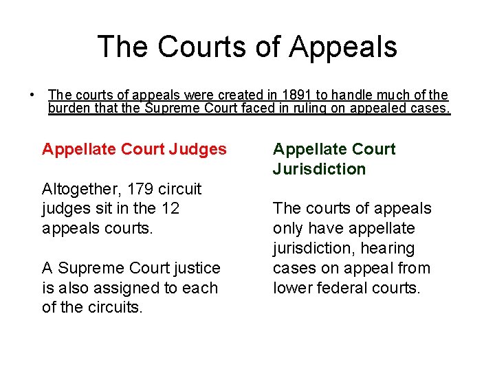 The Courts of Appeals • The courts of appeals were created in 1891 to