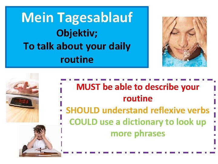 Mein Tagesablauf Objektiv; To talk about your daily routine MUST be able to describe