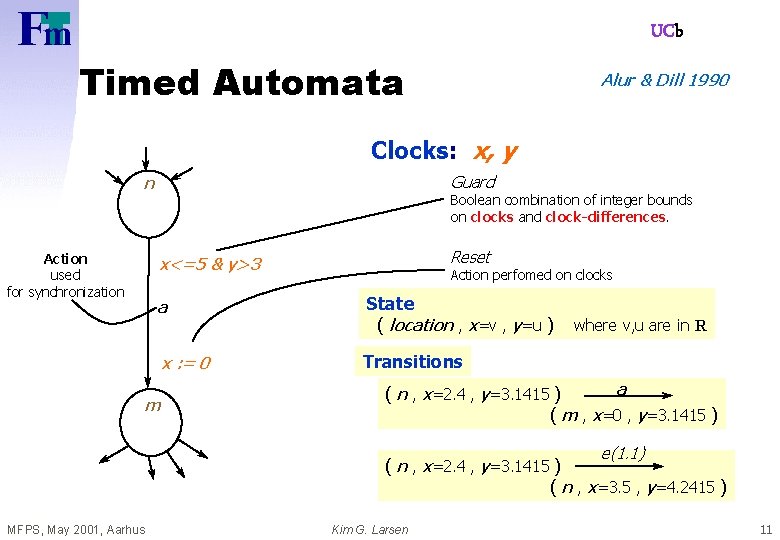 UCb Timed Automata Alur & Dill 1990 Clocks: x, y Guard n Action used