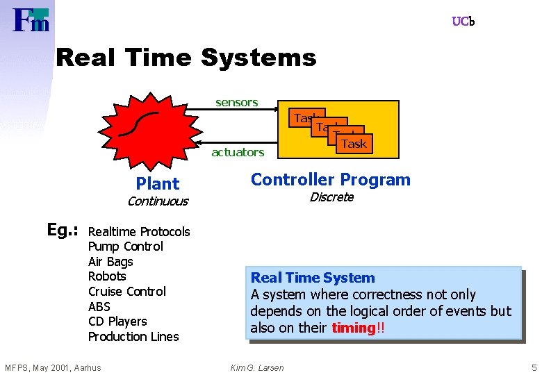 UCb Real Time Systems sensors actuators Plant Controller Program Discrete Continuous Eg. : Realtime