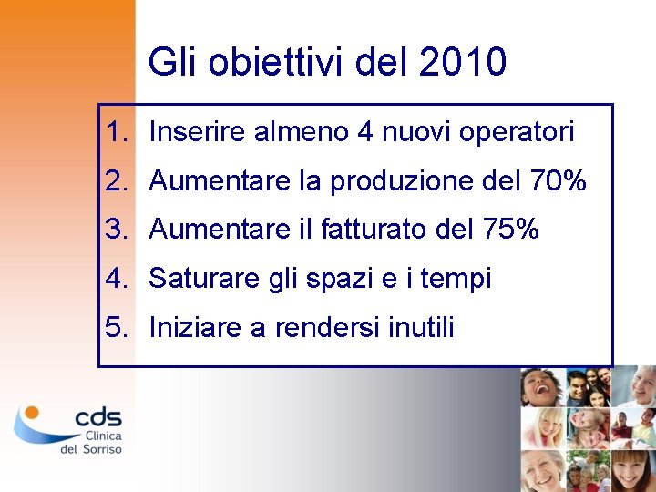 Gli obiettivi del 2010 1. Inserire almeno 4 nuovi operatori 2. Aumentare la produzione