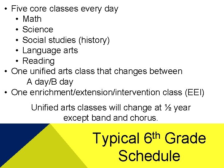  • Five core classes every day • Math • Science • Social studies