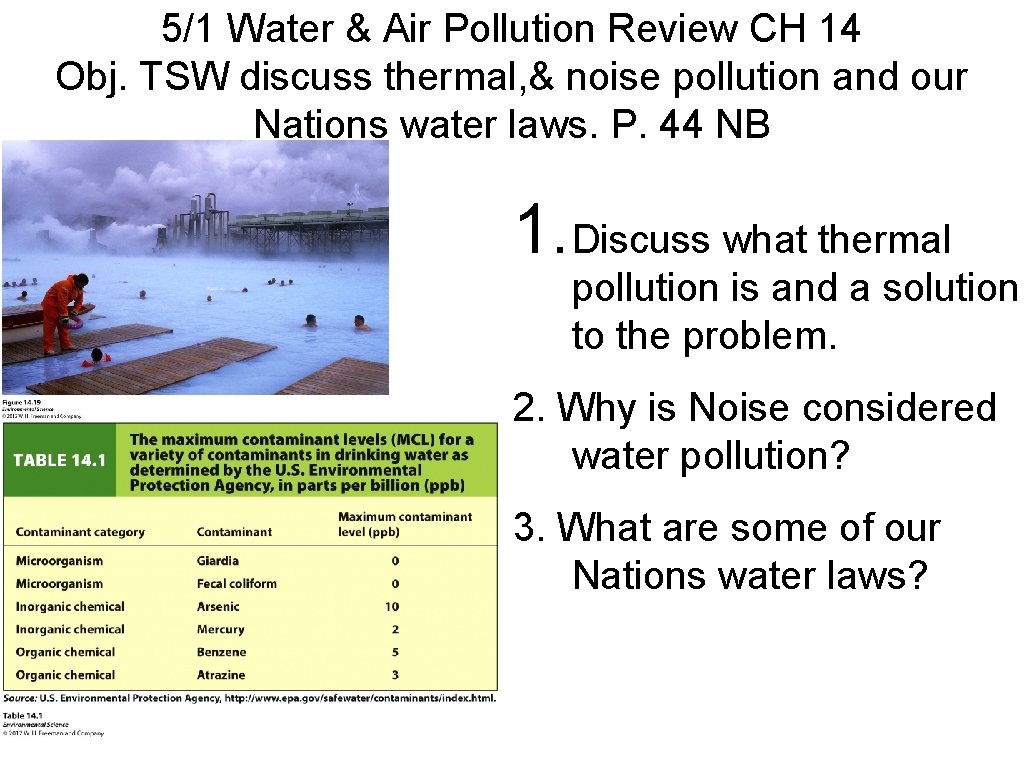 5/1 Water & Air Pollution Review CH 14 Obj. TSW discuss thermal, & noise