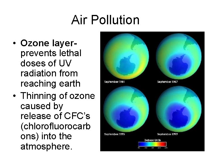 Air Pollution • Ozone layerprevents lethal doses of UV radiation from reaching earth •