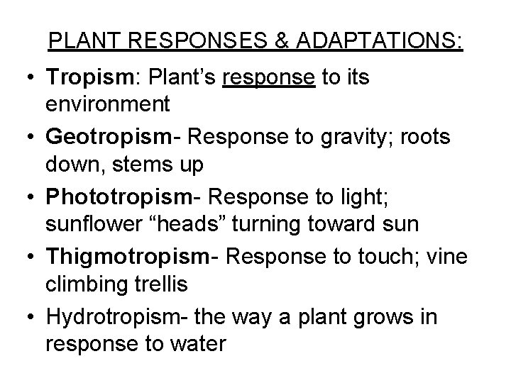 PLANT RESPONSES & ADAPTATIONS: • Tropism: Plant’s response to its environment • Geotropism- Response