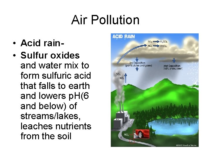 Air Pollution • Acid rain • Sulfur oxides and water mix to form sulfuric