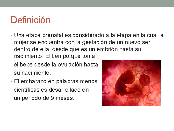 Definición • Una etapa prenatal es considerado a la etapa en la cual la
