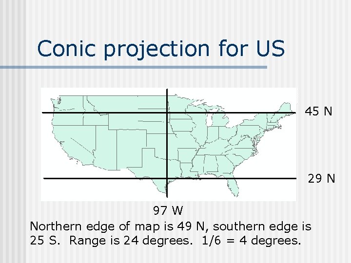 Conic projection for US 45 N 29 N 97 W Northern edge of map