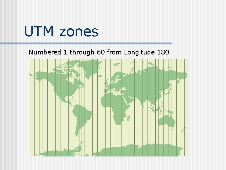 UTM zones Numbered 1 through 60 from Longitude 180 