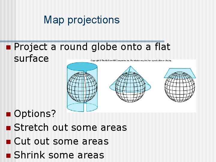 Map projections n Project a round globe onto a flat surface Options? n Stretch