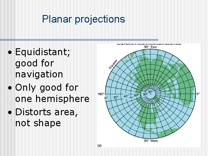Planar projections • Equidistant; good for navigation • Only good for one hemisphere •