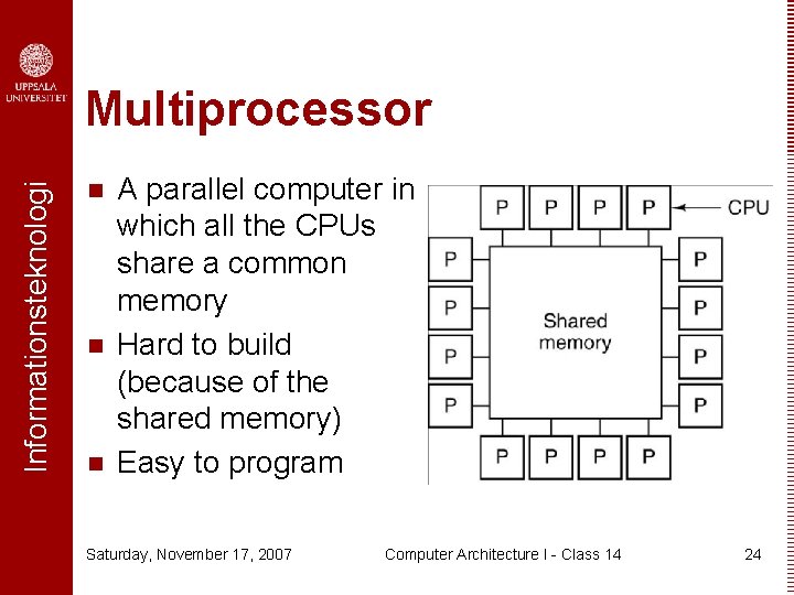 Informationsteknologi Multiprocessor n n n A parallel computer in which all the CPUs share