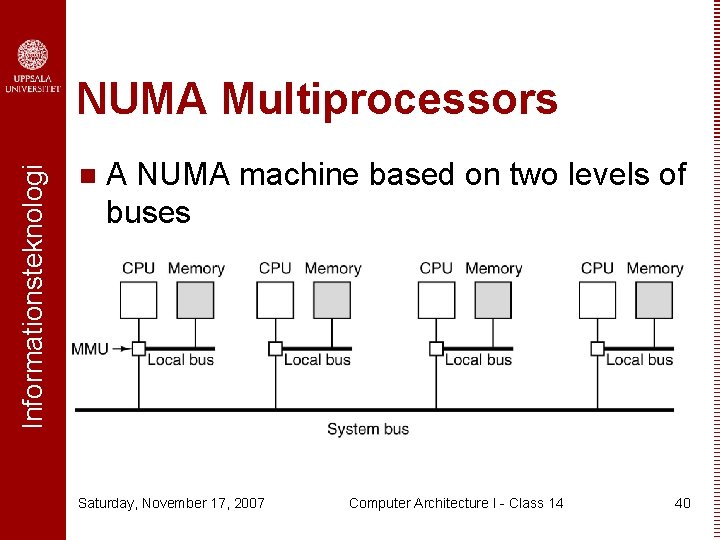 Informationsteknologi NUMA Multiprocessors n A NUMA machine based on two levels of buses Saturday,