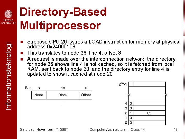 Informationsteknologi Directory-Based Multiprocessor n n n Suppose CPU 20 issues a LOAD instruction for