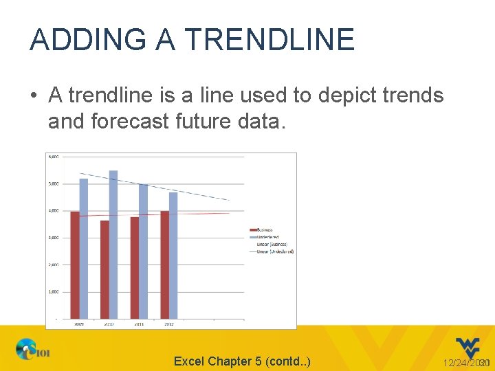 ADDING A TRENDLINE • A trendline is a line used to depict trends and