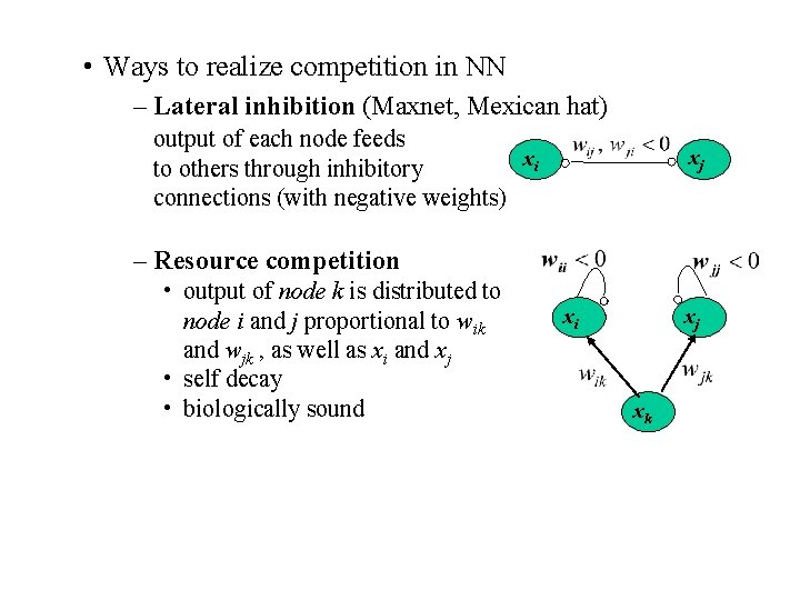  • Ways to realize competition in NN – Lateral inhibition (Maxnet, Mexican hat)