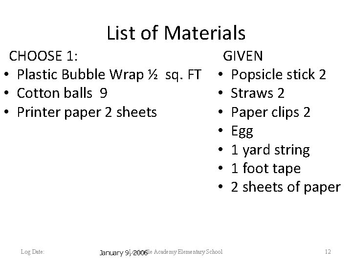 List of Materials CHOOSE 1: • Plastic Bubble Wrap ½ sq. FT • Cotton