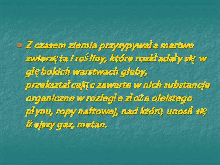 n Z czasem ziemia przysypywała martwe zwierzęta i rośliny, które rozkładały się w głębokich