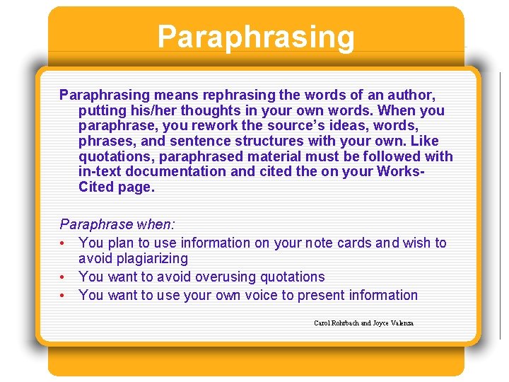 Paraphrasing means rephrasing the words of an author, putting his/her thoughts in your own Paraphrasing means rephrasing the words of an author, putting his/her thoughts in your own