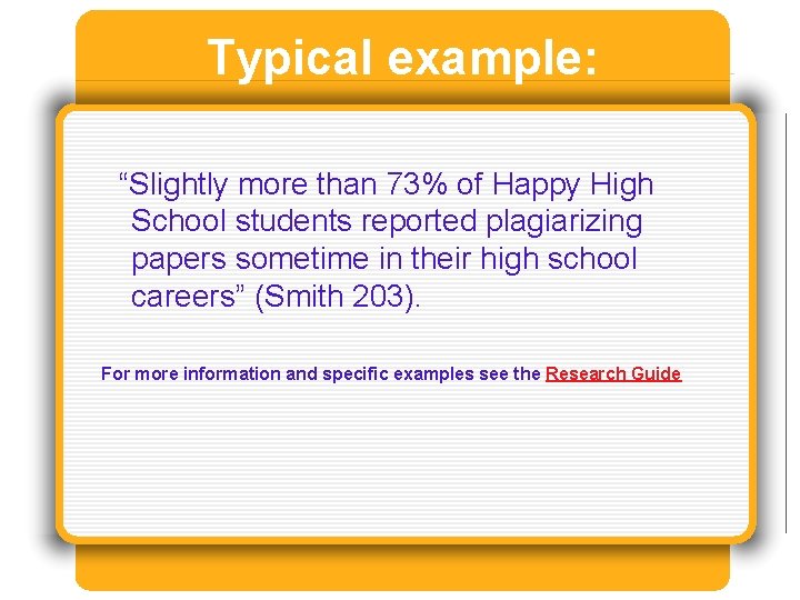 Typical example: “Slightly more than 73% of Happy High School students reported plagiarizing papers Typical example: “Slightly more than 73% of Happy High School students reported plagiarizing papers