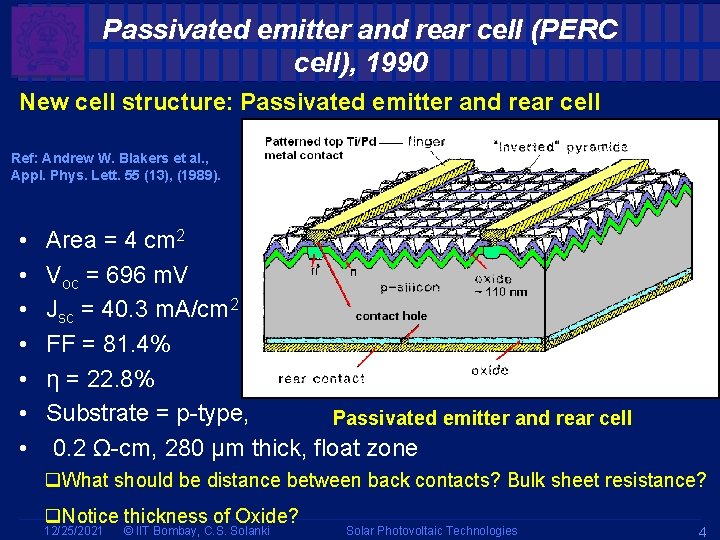 Passivated emitter and rear cell (PERC cell), 1990 New cell structure: Passivated emitter and