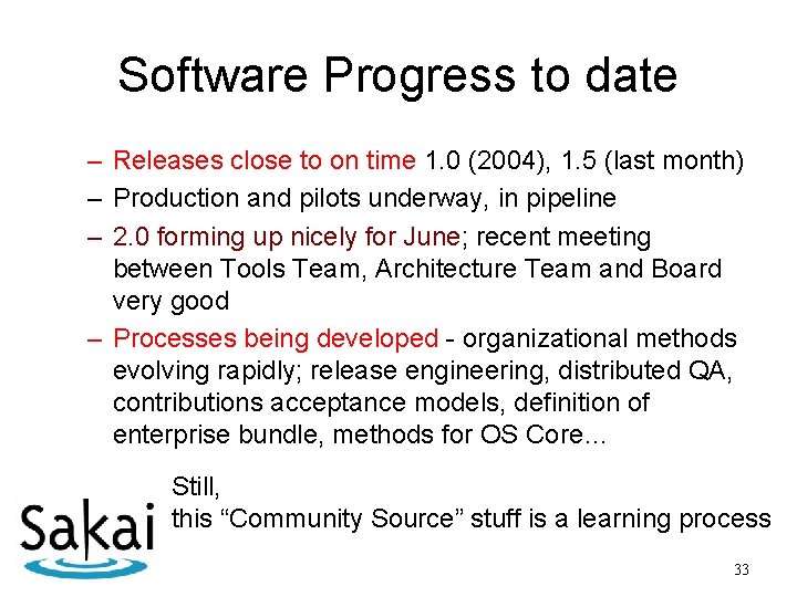 Software Progress to date – Releases close to on time 1. 0 (2004), 1.