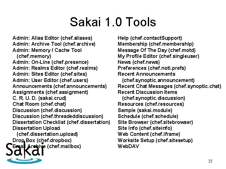 Sakai 1. 0 Tools Admin: Alias Editor (chef. aliases) Admin: Archive Tool (chef. archive)