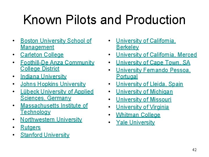 Known Pilots and Production • Boston University School of Management • Carleton College •