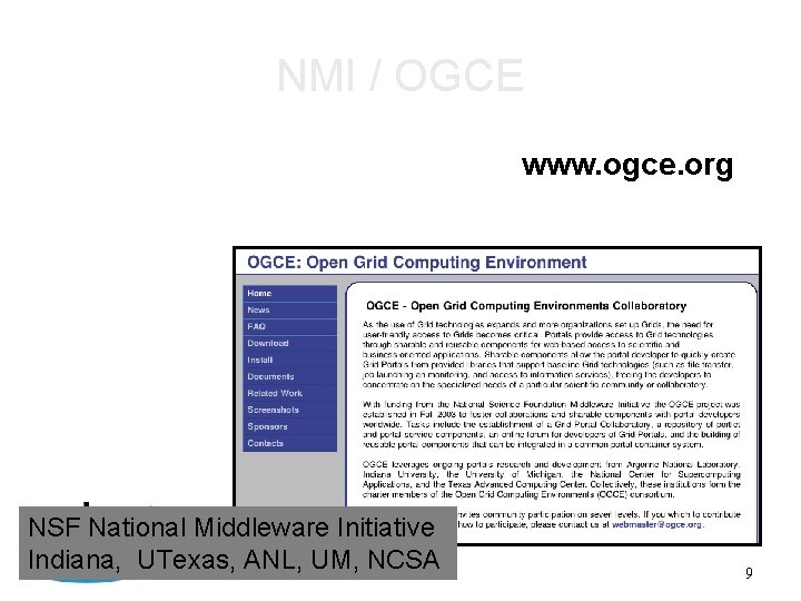 NMI / OGCE www. ogce. org NSF National Middleware Initiative Indiana, UTexas, ANL, UM,
