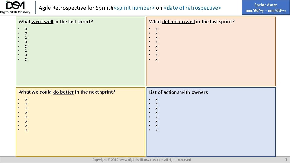 Agile Retrospective for Sprint#<sprint number> on <date of retrospective> What went well in the