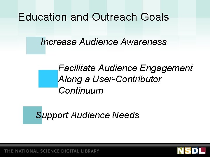 Education and Outreach Goals Increase Audience Awareness Facilitate Audience Engagement Along a User-Contributor Continuum