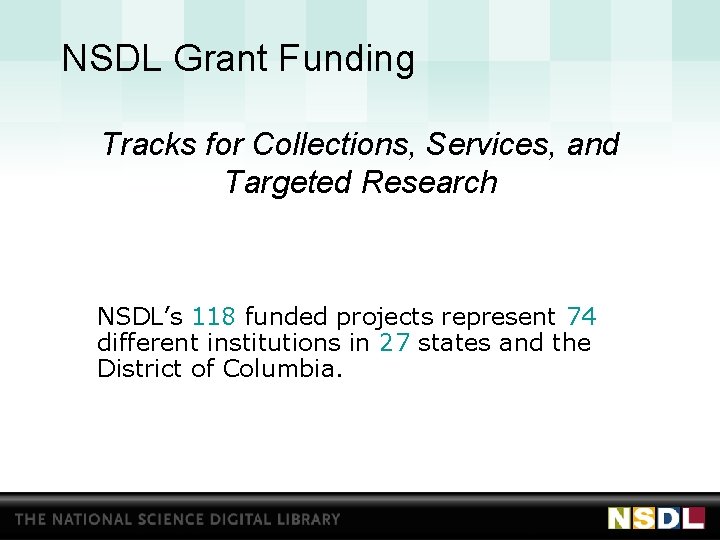 NSDL Grant Funding Tracks for Collections, Services, and Targeted Research NSDL’s 118 funded projects