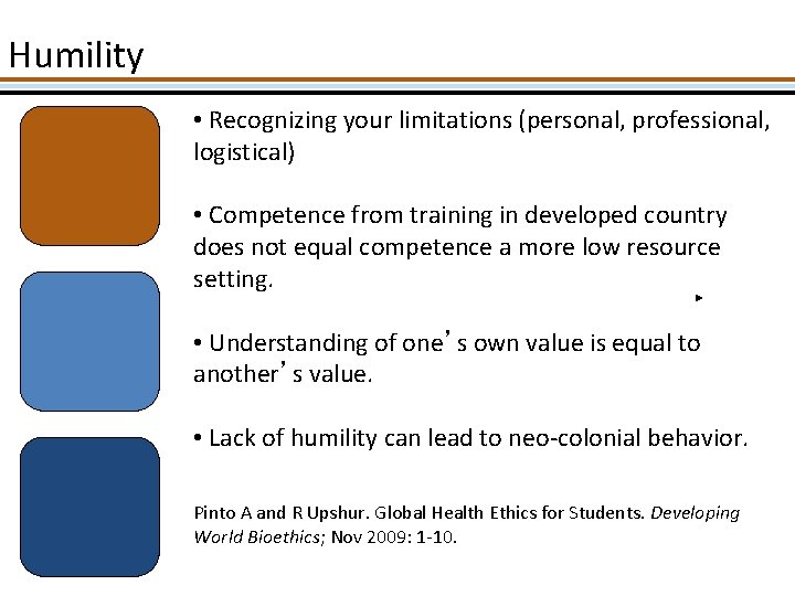 Humility • Recognizing your limitations (personal, professional, logistical) • Competence from training in developed