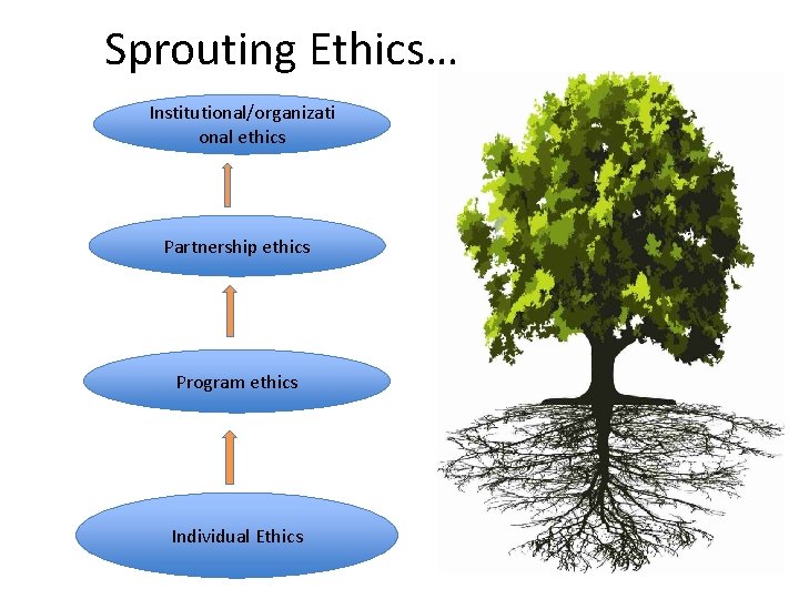 Sprouting Ethics… Institutional/organizati onal ethics Partnership ethics Program ethics Individual Ethics 