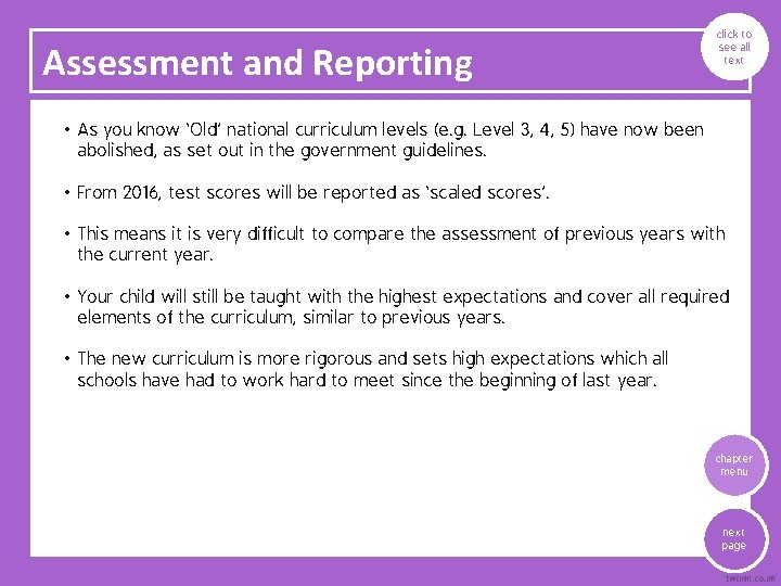 Assessment and Reporting click to see all text national curriculum levels (e. g. Level